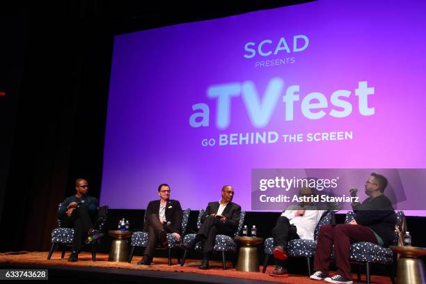 Actors Cornelius Smith Jr., Joshua Malina, Joe Morton, Jeff Perry, and Moderator Damian Holbrook speak at a Q&A for 'Scandal' during Day Two of the...