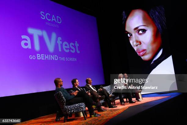 Actors Cornelius Smith Jr., Joshua Malina, Joe Morton, Jeff Perry, and Moderator Damian Holbrook speak at a Q&A for 'Scandal' during Day Two of the...