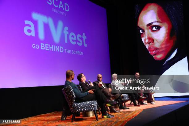 Actors Cornelius Smith Jr., Joshua Malina, Joe Morton, Jeff Perry, and Moderator Damian Holbrook speak at a Q&A for 'Scandal' during Day Two of the...