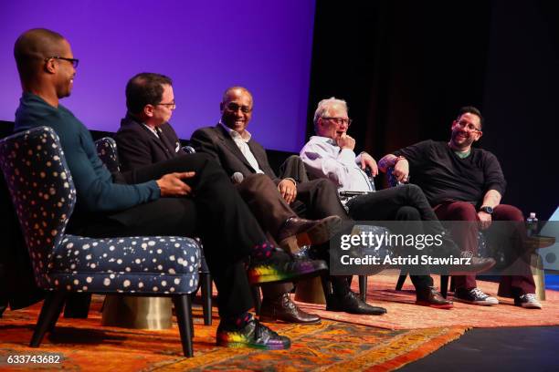 Actors Cornelius Smith Jr., Joshua Malina, Joe Morton, Jeff Perry, and Moderator Damian Holbrook speak at a Q&A for 'Scandal' during Day Two of the...