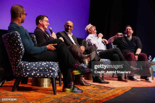 Actors Cornelius Smith Jr., Joshua Malina, Joe Morton, Jeff Perry, and Moderator Damian Holbrook speak at a Q&A for 'Scandal' during Day Two of the...