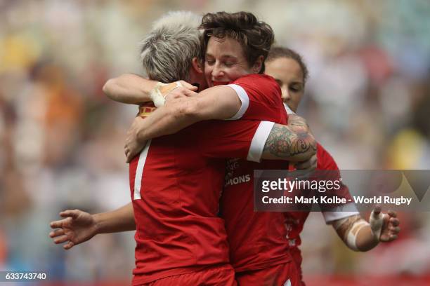 Jen Kish and Ghislaine Landry of Canada celebrate victory during the womens cup semi final match between Australia and Canada in the 2017 HSBC Sydney...