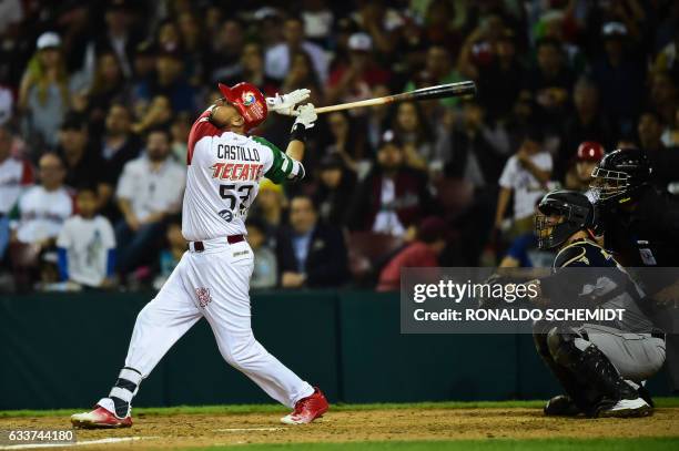 Jesus Castillo of Aguilas de Mexicali from Mexico bats against Aguilas del Zulia from Venezuela during their Caribbean Baseball Series at the...