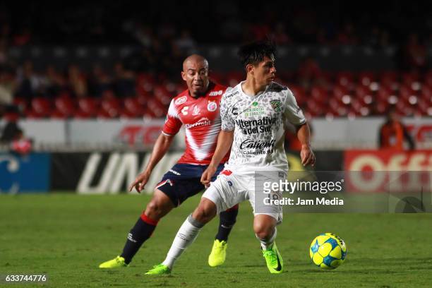 Egidio Arevalo of Veracruz and Dieter Villalpando of Jaguares fight for the ball during the 5th round match between Veracruz and Chiapas as part of...