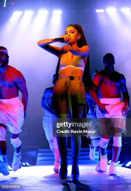 Ariana Grande performs on stage during the "Dangerous Woman" Tour Opener at Talking Stick Resort Arena on February 3, 2017 in Phoenix, Arizona.