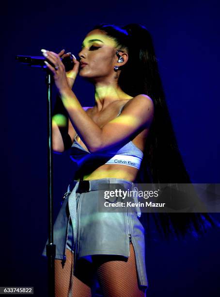 Ariana Grande performs on stage during the "Dangerous Woman" Tour Opener at Talking Stick Resort Arena on February 3, 2017 in Phoenix, Arizona.