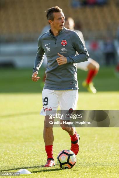 Ryan Griffiths of the Wanderers warms up during the round 18 A-League match between the Wellington Phoenix and the Western Sydney Wanderers at Yarrow...