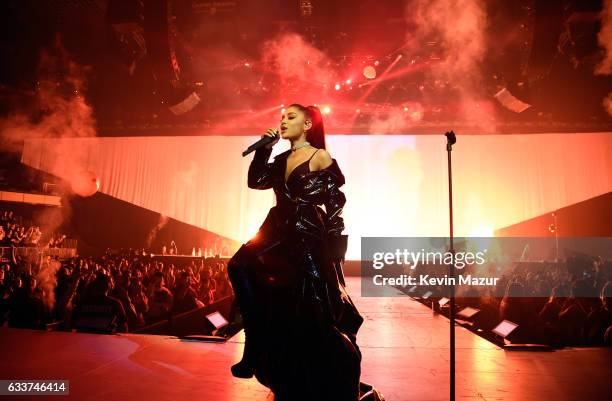 Ariana Grande performs on stage during the "Dangerous Woman" Tour Opener at Talking Stick Resort Arena on February 3, 2017 in Phoenix, Arizona.