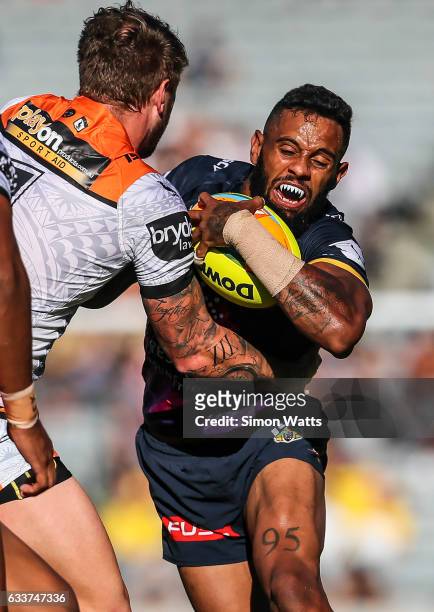 Josh Addo-Carr of the Storm looks to beat a tackle during the 2017 Auckland Nines match between the Wests Tigers and the Melbourne Storm at Eden Park...
