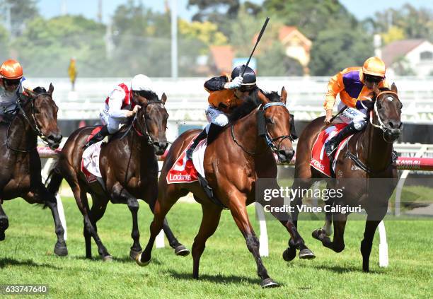 Mark Zahra riding Legless Veuve wins Race 7, Manfred Stakes during Melbourne Racing at Caulfield Racecourse on February 4, 2017 in Melbourne,...