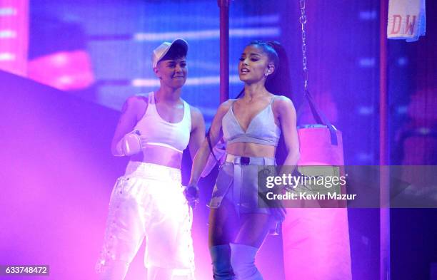 Ariana Grande performs on stage during the "Dangerous Woman" Tour Opener at Talking Stick Resort Arena on February 3, 2017 in Phoenix, Arizona.