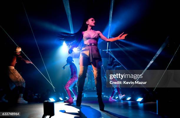 Ariana Grande performs on stage during the "Dangerous Woman" Tour Opener at Talking Stick Resort Arena on February 3, 2017 in Phoenix, Arizona.