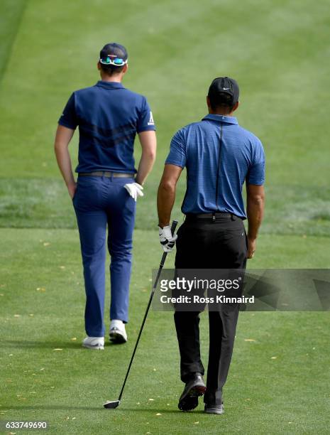 Tiger Woods of the USA walks off of the 1st tee during the first round of the Omega Dubai Desert Classic at Emirates Golf Club on February 2, 2017 in...