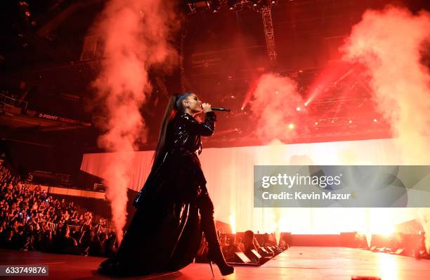 Ariana Grande performs on stage during the "Dangerous Woman" Tour Opener at Talking Stick Resort Arena on February 3, 2017 in Phoenix, Arizona.