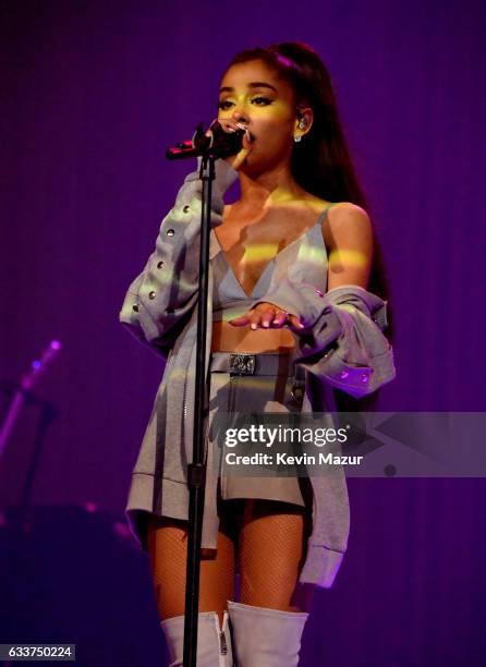 Ariana Grande performs on stage during the "Dangerous Woman" Tour Opener at Talking Stick Resort Arena on February 3, 2017 in Phoenix, Arizona.