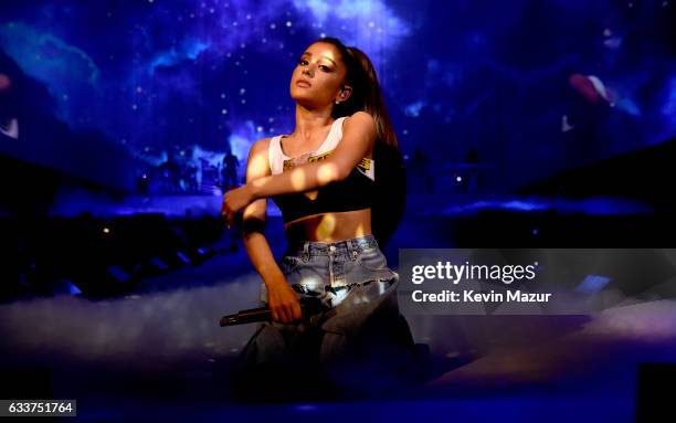 Ariana Grande performs on stage during the "Dangerous Woman" Tour Opener at Talking Stick Resort Arena on February 3, 2017 in Phoenix, Arizona.