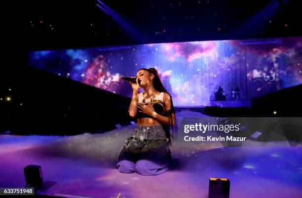 Ariana Grande performs on stage during the "Dangerous Woman" Tour Opener at Talking Stick Resort Arena on February 3, 2017 in Phoenix, Arizona.