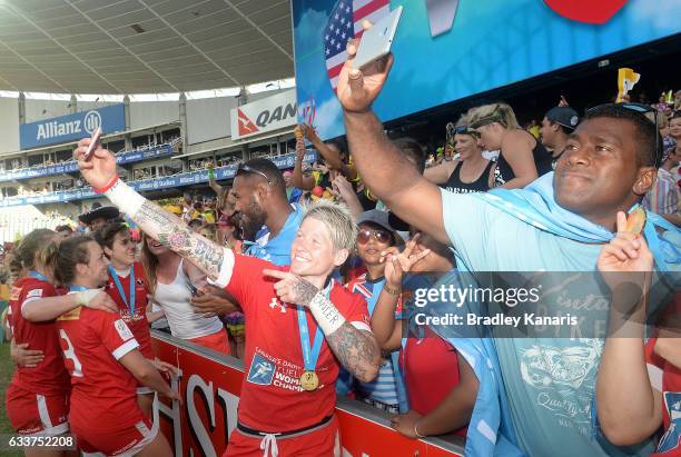 Jennifer Kish of Canada celebrates with fans after her teams win in the Women's Final match between Canada and USA in the 2017 HSBC Sydney Sevens at...