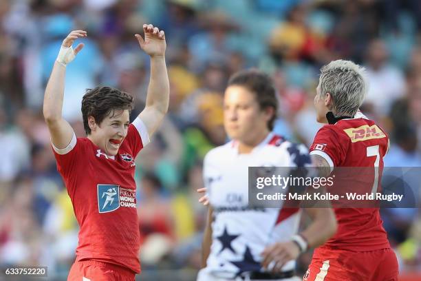 Ghislaine Landry and Jen Kish of Canada celebrate victory during the womens cup final match between USA and Canada in the 2017 HSBC Sydney Sevens at...