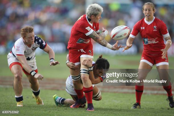 Jen Kish of Canada passes as she is tackled during the womens cup final match between USA and Canada in the 2017 HSBC Sydney Sevens at Allianz...