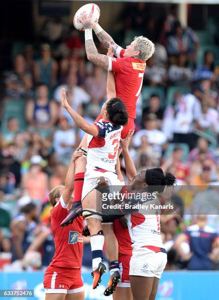Jennifer Kish of Canada competes at the lineout during the Women's Final match between Canada and USA in the 2017 HSBC Sydney Sevens at Allianz...