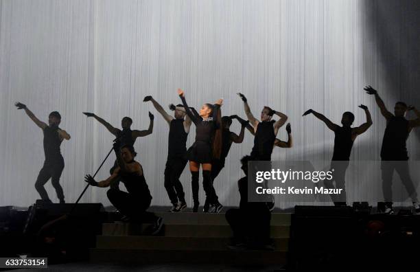 Ariana Grande performs on stage during the "Dangerous Woman" Tour Opener at Talking Stick Resort Arena on February 3, 2017 in Phoenix, Arizona.