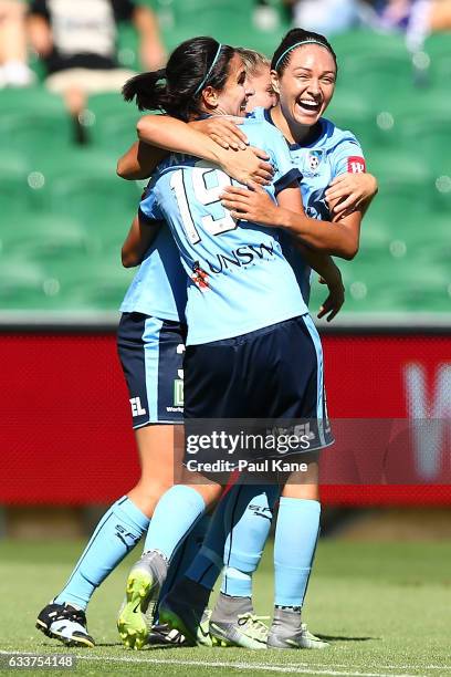 Leena Khamis, Remy Siemsen and Kyah Simon of Sydney celebrate a goal during the W-League Semi Final match between the Perth Glory and Sydney FC at...