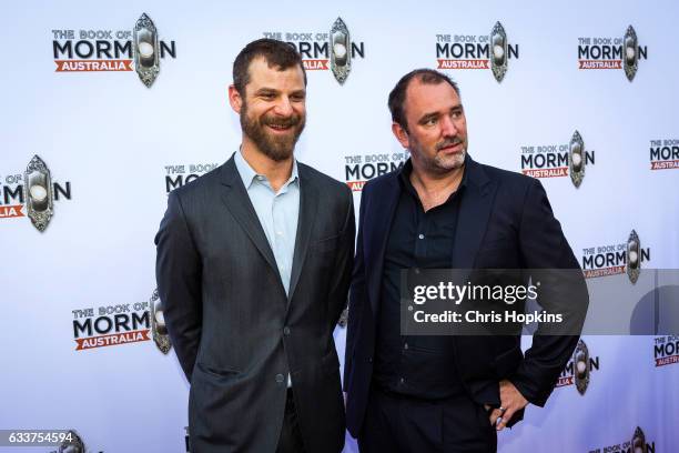 Matt Stone and Trey Parker arrives ahead of The Book of Mormon opening night at Princess Theatre on February 4, 2017 in Melbourne, Australia.