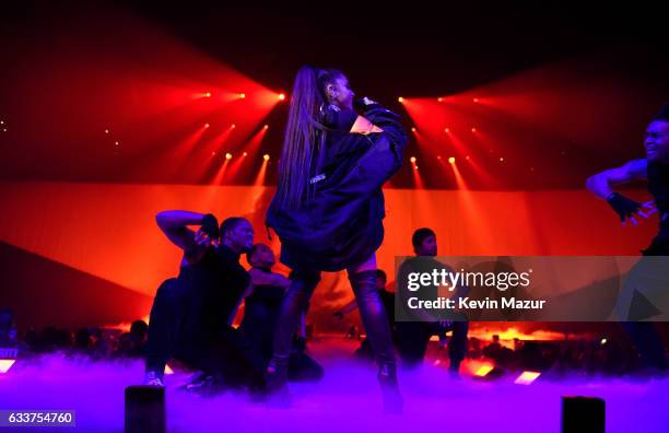 Ariana Grande performs on stage during the "Dangerous Woman" Tour Opener at Talking Stick Resort Arena on February 3, 2017 in Phoenix, Arizona.