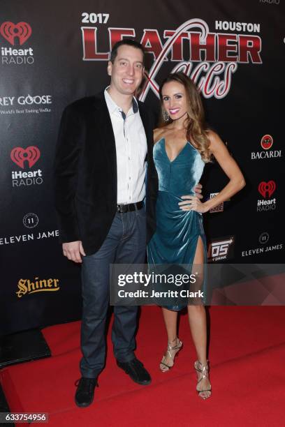 Driver Kyle Busch and wife Samantha Busch attend the 4th Annual "Leather & Laces" Spectacular During Super Bowl LI Weekend at Hughes Manor on...