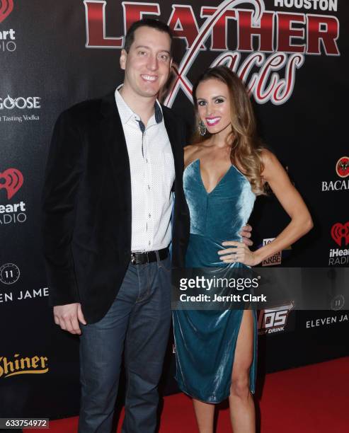 Driver Kyle Busch and wife Samantha Busch attend the 4th Annual "Leather & Laces" Spectacular During Super Bowl LI Weekend at Hughes Manor on...