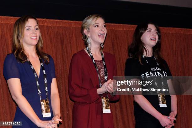 Producer Stephanie Turner, actress Olivia Hamilton and director Annabelle Attanasio speak onstage at a screening of comedic shorts during the 32nd...