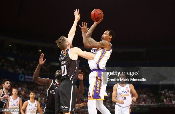 Greg Whittington of the Kings shoots during the round 18 NBL match between the Sydney Kings and Melbourne United at Qudos Bank Arena on February 4,...