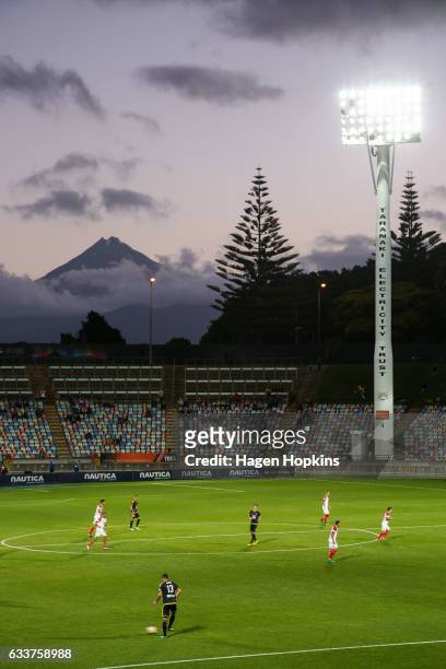 General view of Yarrow Stadium and Mt Taranaki during the round 18 A-League match between the Wellington Phoenix and the Western Sydney Wanderers at...