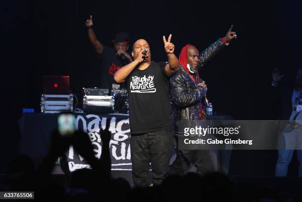 Rappers DJ Kay Gee, Vin Rock and Treach of Naughty By Nature perform during the I Love the '90s Tour at The Joint inside the Hard Rock Hotel & Casino...