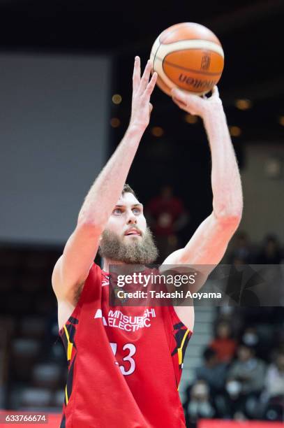 Jordan Bachynski of the Nagoya Diamond Dolphins shoots a free throw during the B. League match between Alvark Tokyo and Nagoya Diamond Dolphins at...