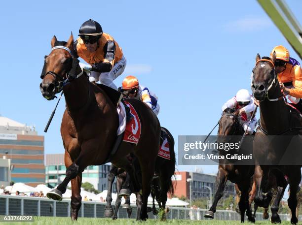 Mark Zahra riding Legless Veuve wins Race 7, Manfred Stakes during Melbourne Racing at Caulfield Racecourse on February 4, 2017 in Melbourne,...