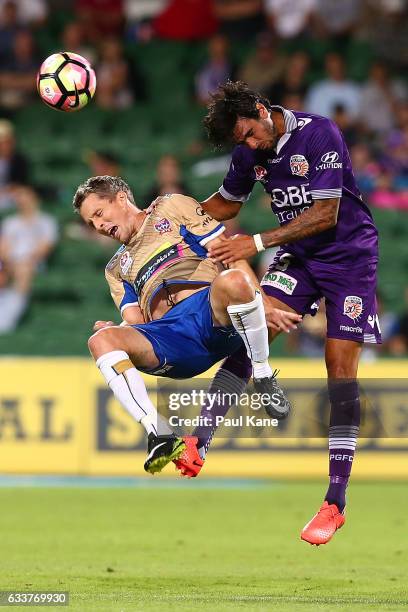 Morten Nordstrand of the Jets and Rhys Williams of the Glory contest for the ball during the round 18 A-League match between the Perth Glory and the...