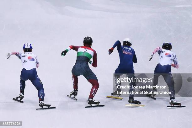 Skaters start in the Men's 1000m semi finals during day one of the ISU World Cup Short Track at EnergieVerbund Arena on February 4, 2017 in Dresden,...