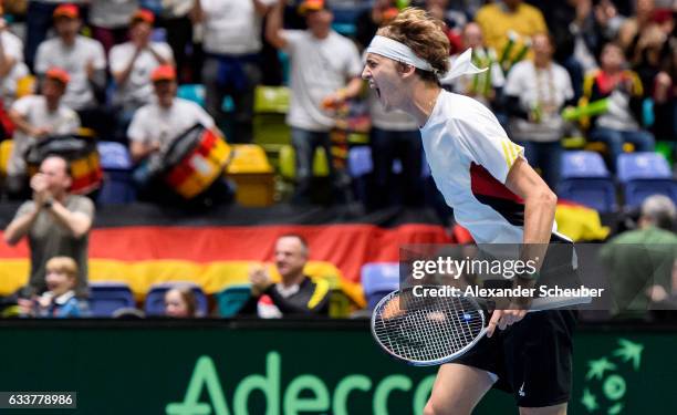 Alexander Zverev of Germany celebrates a point during day two of the Davis Cup World Group first round between Germany and Belgium at Fraport Arena...