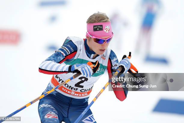 Elizabeth Stephen of the United States competes in the Ladies Skiathlon during the FIS Cross-Country World Cup presented by Viessmann - Test Event...
