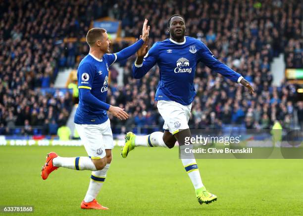 Romelu Lukaku of Everton celebrates scoring his sides first goal with Ross Barkley of Everton during the Premier League match between Everton and AFC...