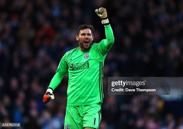 Ben Foster of West Bromwich Albion celebrates his sides first goal during the Premier League match between West Bromwich Albion and Stoke City at The...