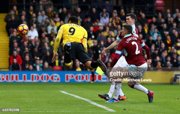 Troy Deeney of Watford scores his sides first goal during the Premier League match between Watford and Burnley at Vicarage Road on February 4, 2017...