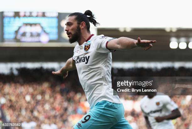 Andy Carroll of West Ham United celebrates scoring his sides first goal during the Premier League match between Southampton and West Ham United at St...