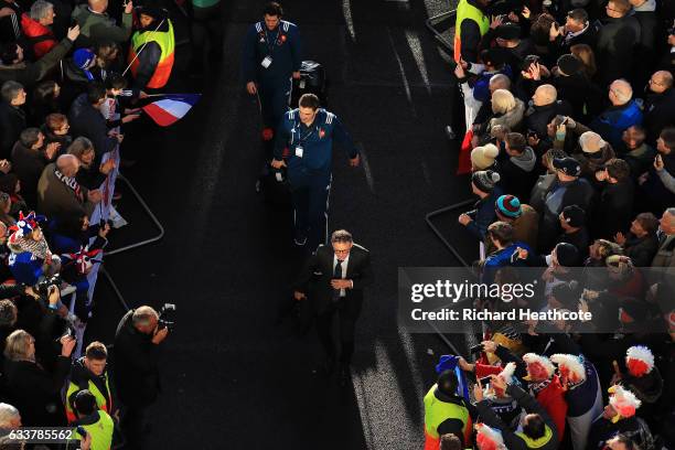 Guy Noves the head coach of France arrives prior to kickoff during the RBS Six Nations match between England and France at Twickenham Stadium on...