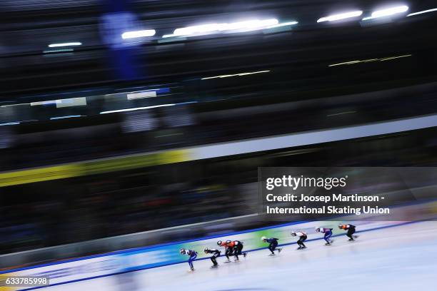 Denis Ayrapetyan of Russia leads the pack in the Men's 1500m semi finals during day one of the ISU World Cup Short Track at EnergieVerbund Arena on...