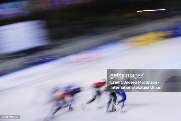 Denis Ayrapetyan of Russia leads the pack in the Men's 1500m semi finals during day one of the ISU World Cup Short Track at EnergieVerbund Arena on...