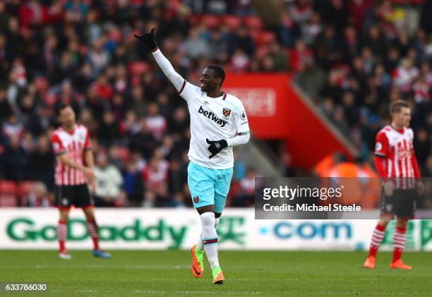 Pedro Obiang of West Ham United celebrates scoring his sides second goal during the Premier League match between Southampton and West Ham United at...