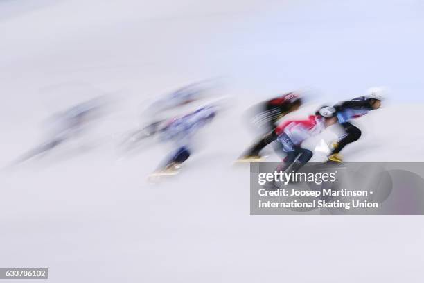 Sitomi Haito of Japan leads the pack in the Ladies 1500m semi finals during day one of the ISU World Cup Short Track at EnergieVerbund Arena on...